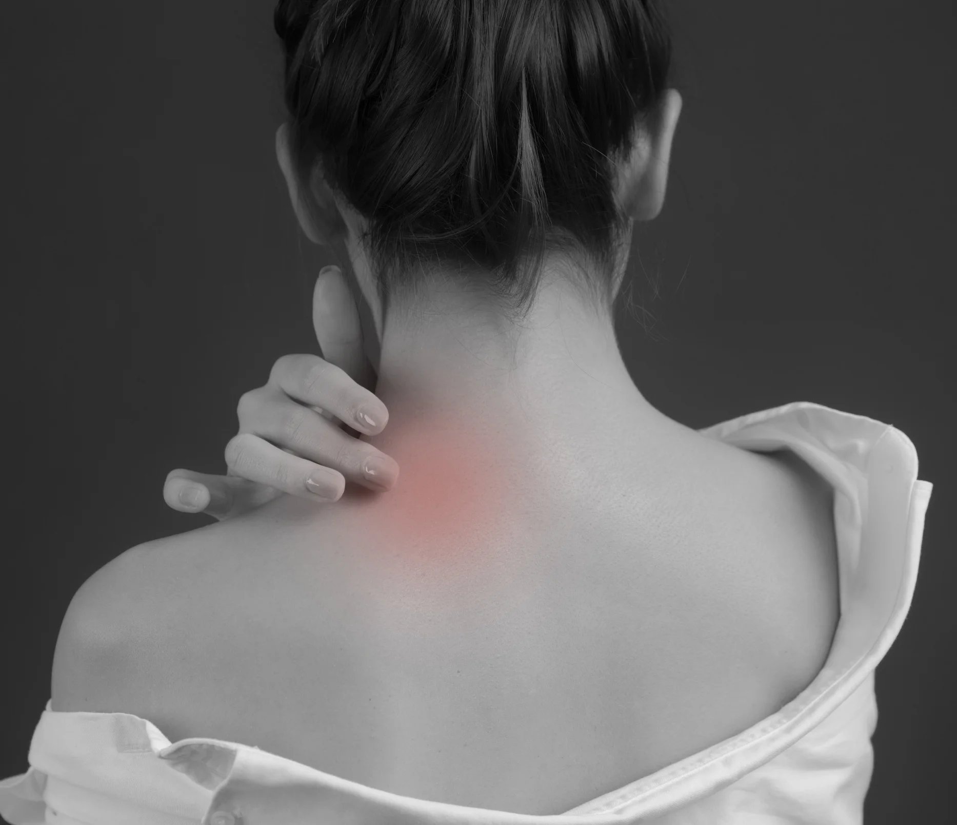 An x-ray look neck pain where the base of the neck is highlighted red to pinpoint the pain